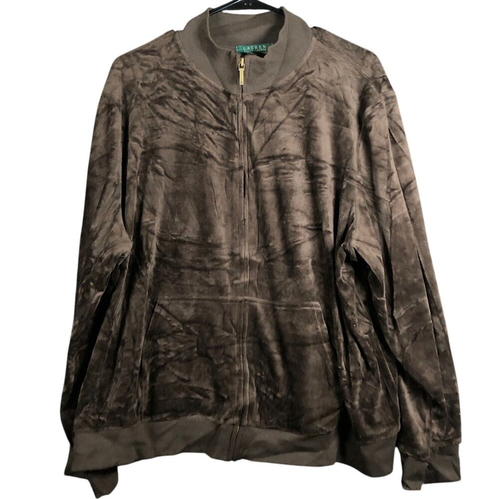 Ralph Lauren Womens Sweater Brown Velvet Full Zip Cotton Blend Pockets Large